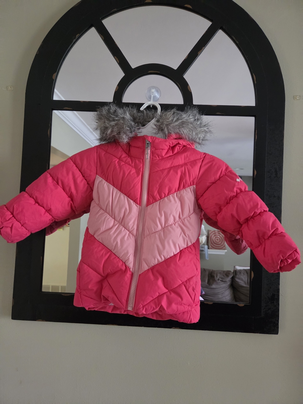 Columbia Bright Pink Chevron Hooded Puffer with Faux Fur Trim